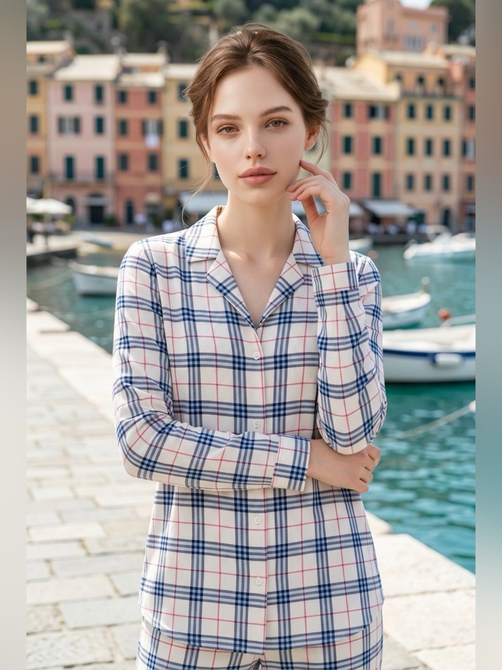 Equipment Femme Blue/Pink Plaid Silk Shirt, Size M